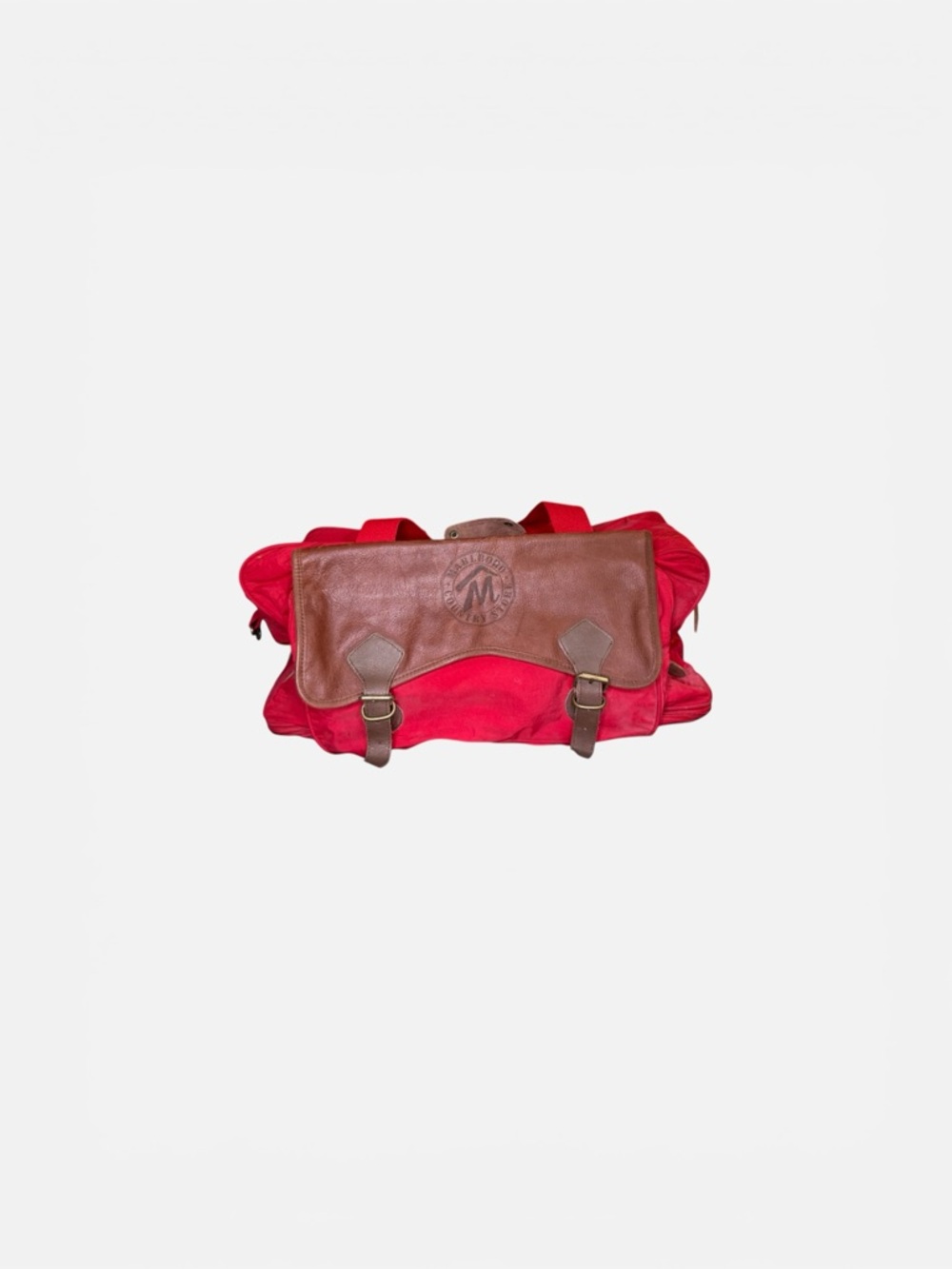 Marlboro Red Canvas Duffel Bag with Brown Leather Flap